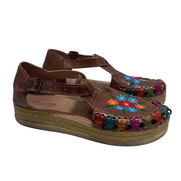Zula Huarache Mexican Sandal 9 Brown Floral Handmade Leather Art Hippie Peasant - Picture 1 of 9